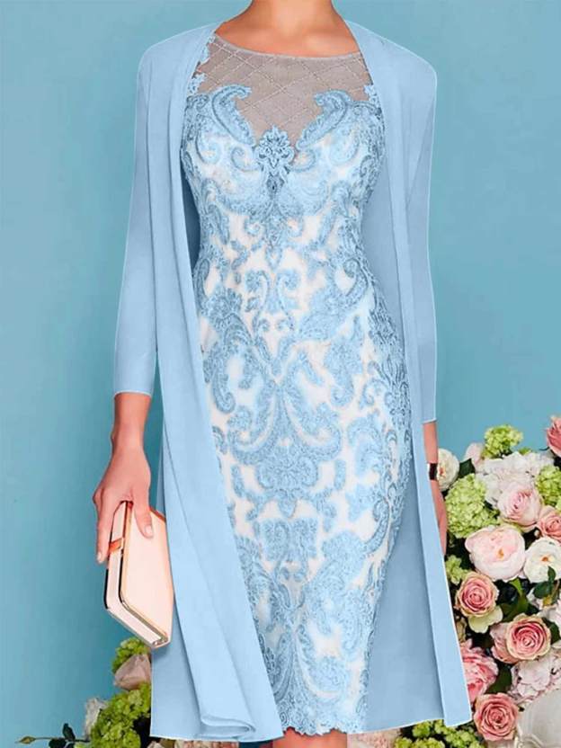 Long-Sleeve Knee-Length Sheath/Column Mother of the Bride Dress with Lace Beading Appliques-27prom