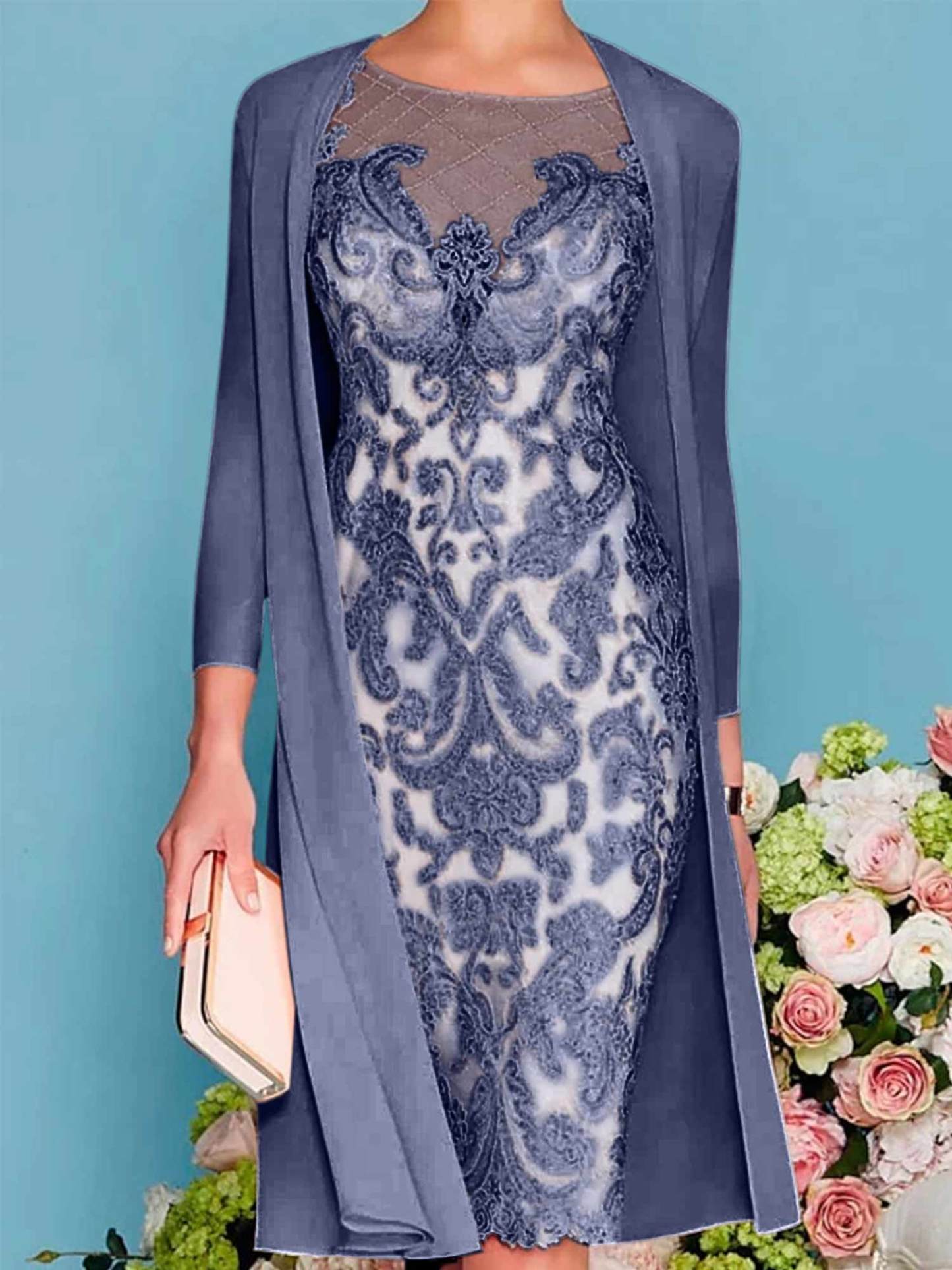 Long-Sleeve Knee-Length Sheath/Column Mother of the Bride Dress with Lace Beading Appliques-27prom