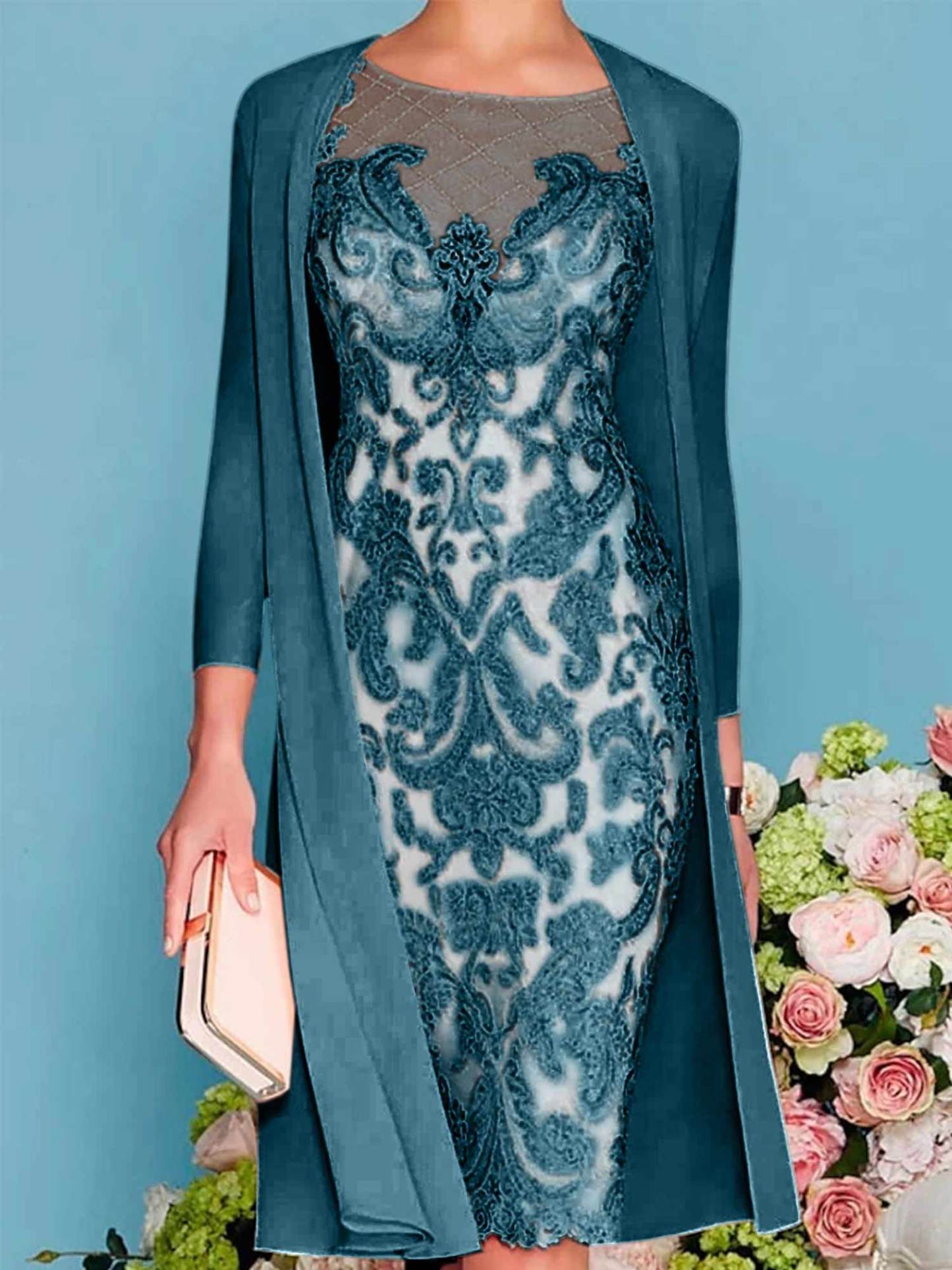Long-Sleeve Knee-Length Sheath/Column Mother of the Bride Dress with Lace Beading Appliques-27prom