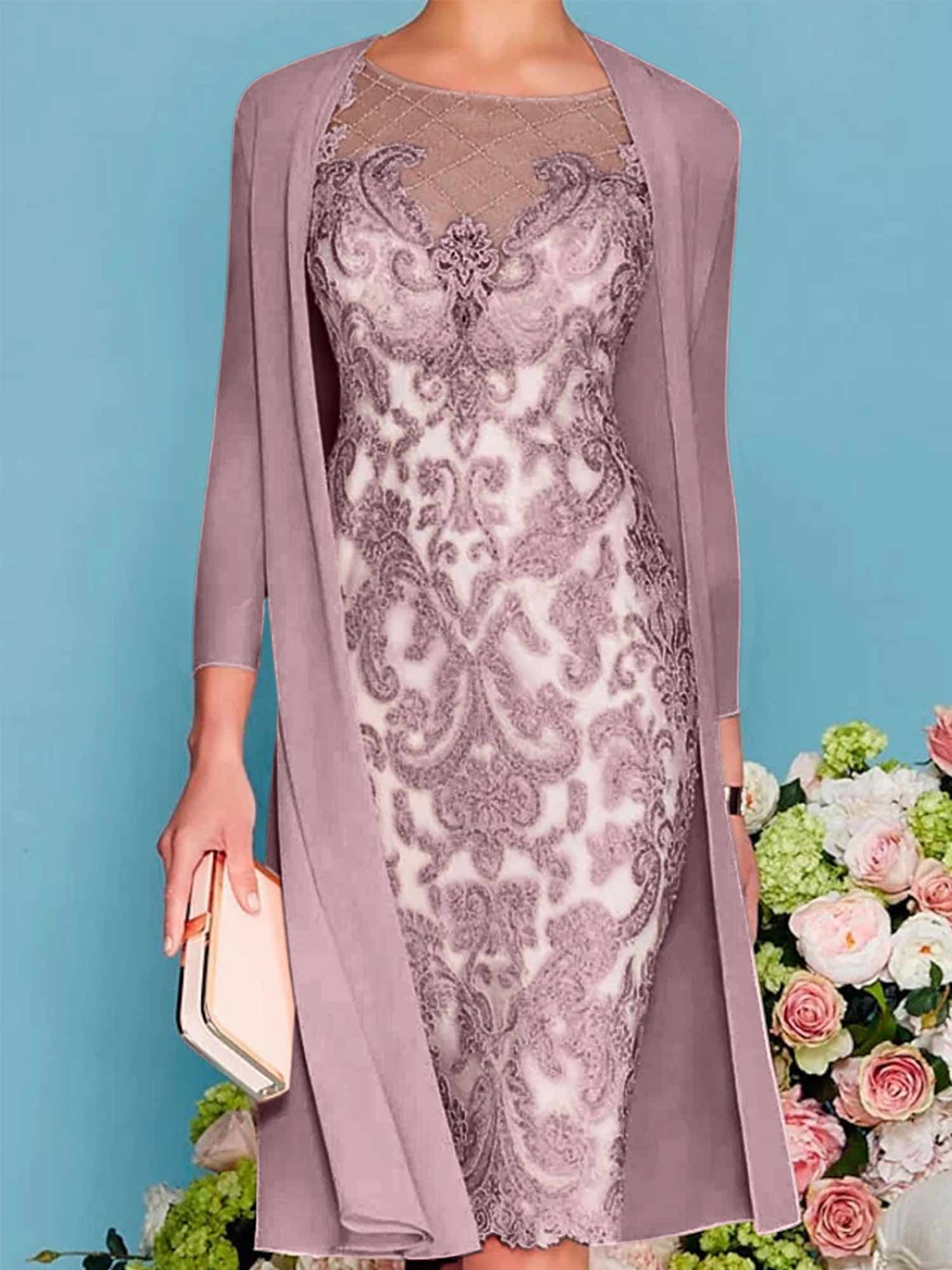 Long-Sleeve Knee-Length Sheath/Column Mother of the Bride Dress with Lace Beading Appliques-27prom