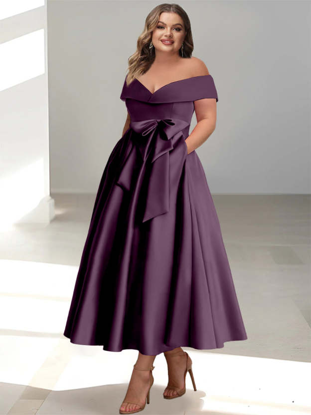 Plus Size Off-the-Shoulder Sleeveless A-Line/Princess Mother of the Bride Ankle-Length Dress with Pockets-27prom