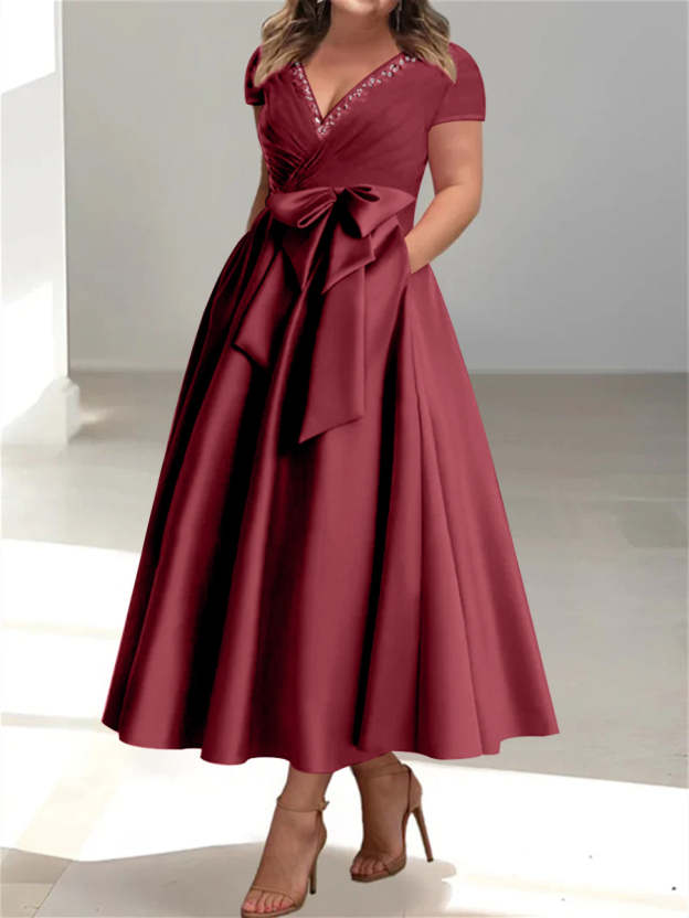Plus Size Mother of the Bride A-Line Princess V-Neck Dress with Pockets and Ruffles-27prom