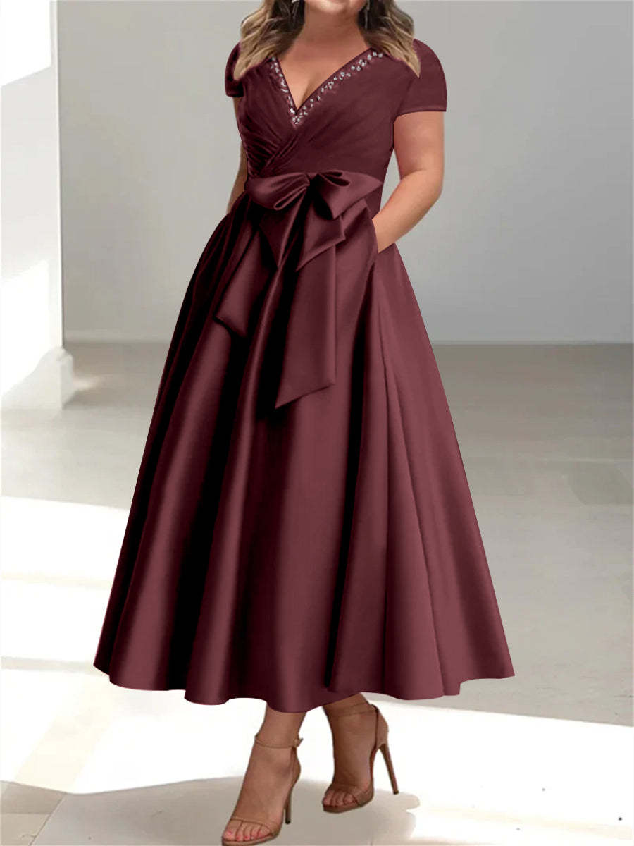 Plus Size Mother of the Bride A-Line Princess V-Neck Dress with Pockets and Ruffles-27prom