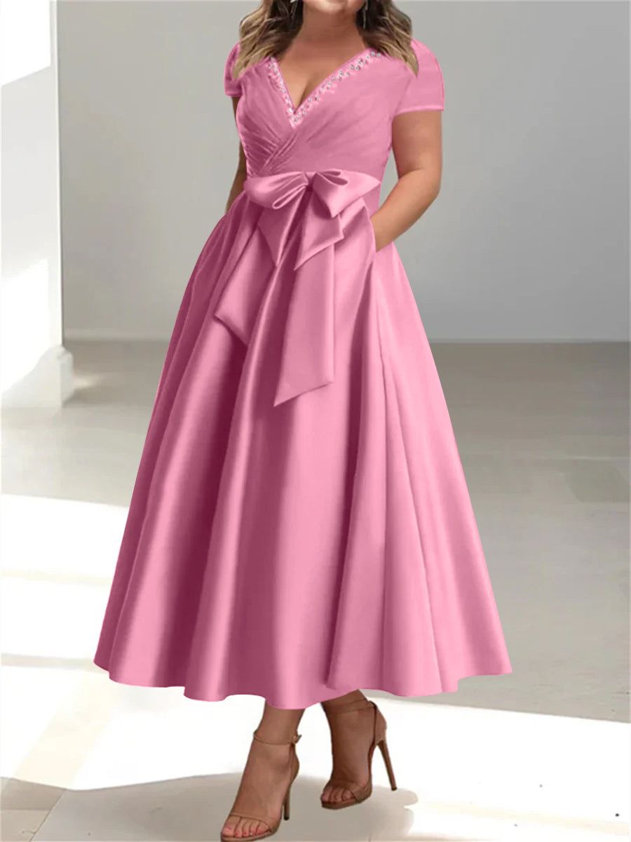 Plus Size Mother of the Bride A-Line Princess V-Neck Dress with Pockets and Ruffles-27prom