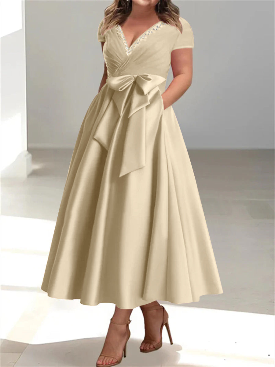 Plus Size Mother of the Bride A-Line Princess V-Neck Dress with Pockets and Ruffles-27prom