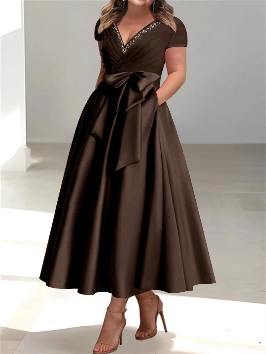 Plus Size Mother of the Bride A-Line Princess V-Neck Dress with Pockets and Ruffles-27prom