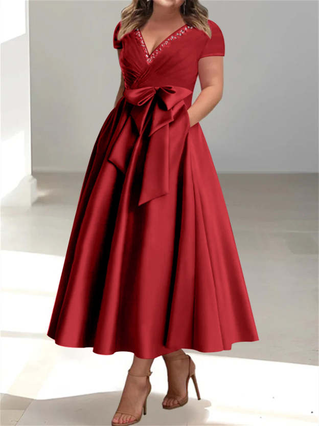 Plus Size Mother of the Bride A-Line Princess V-Neck Dress with Pockets and Ruffles-27prom