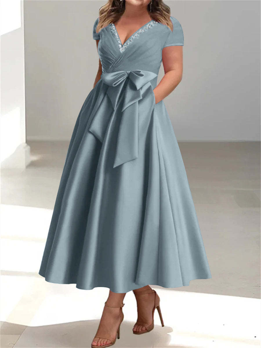 Plus Size Mother of the Bride A-Line Princess V-Neck Dress with Pockets and Ruffles-27prom
