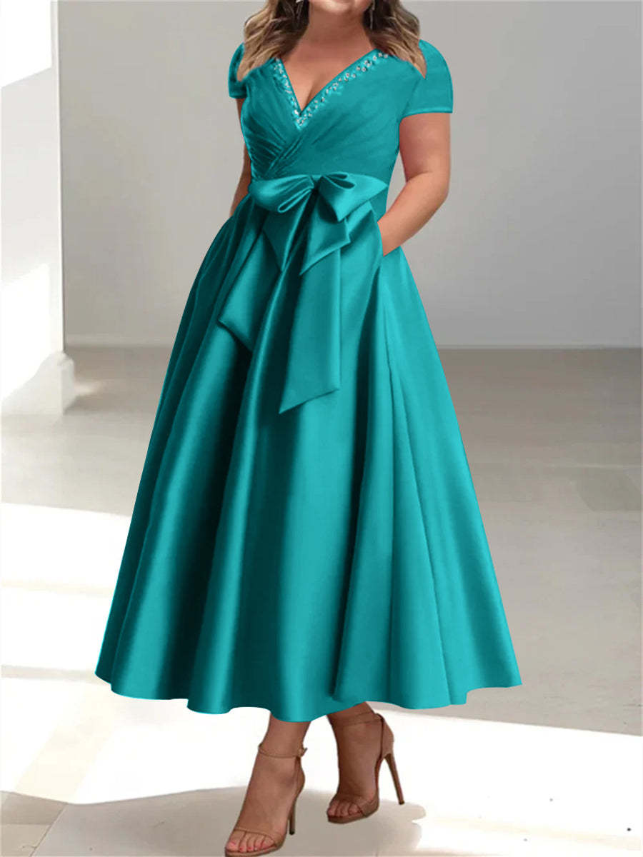 Plus Size Mother of the Bride A-Line Princess V-Neck Dress with Pockets and Ruffles-27prom
