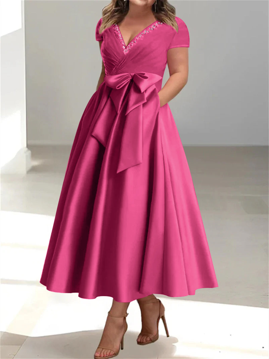 Plus Size Mother of the Bride A-Line Princess V-Neck Dress with Pockets and Ruffles-27prom