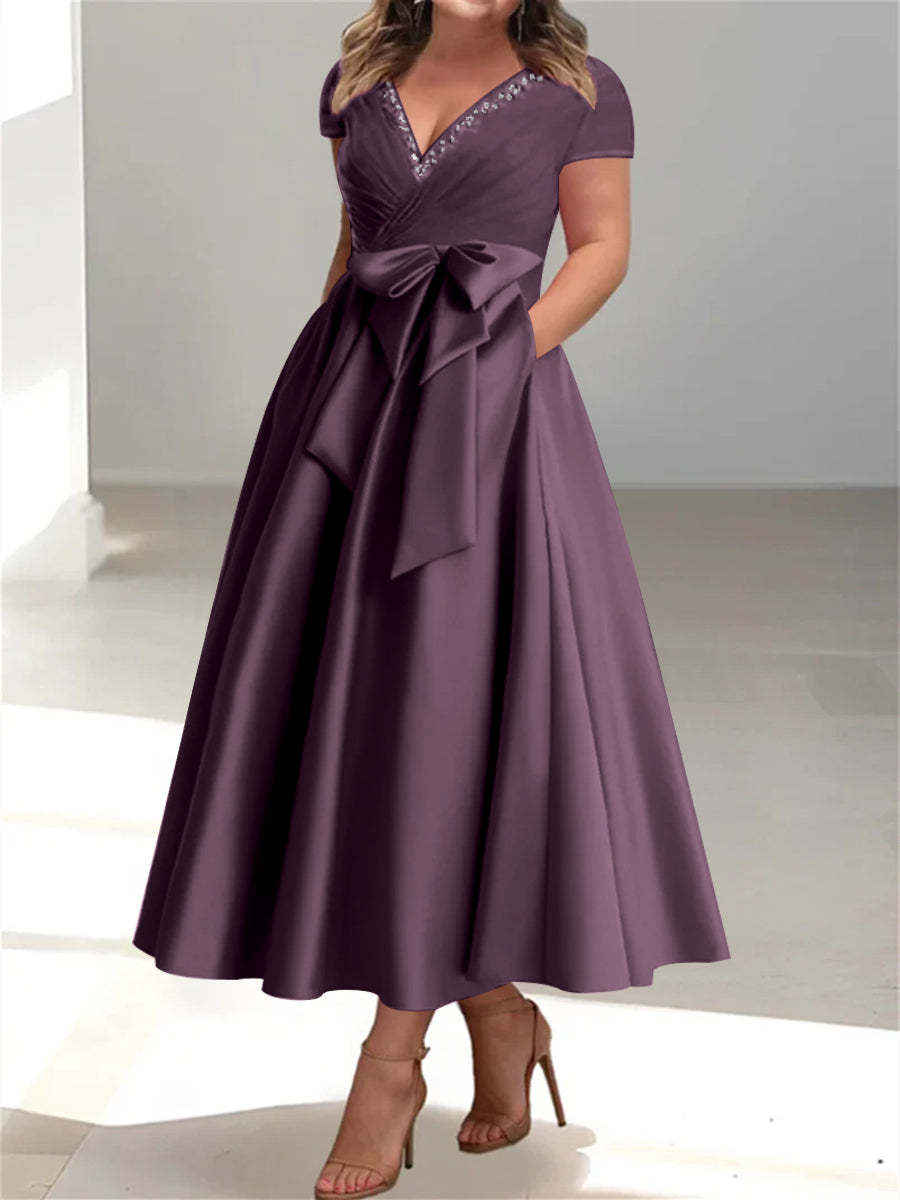 Plus Size Mother of the Bride A-Line Princess V-Neck Dress with Pockets and Ruffles-27prom
