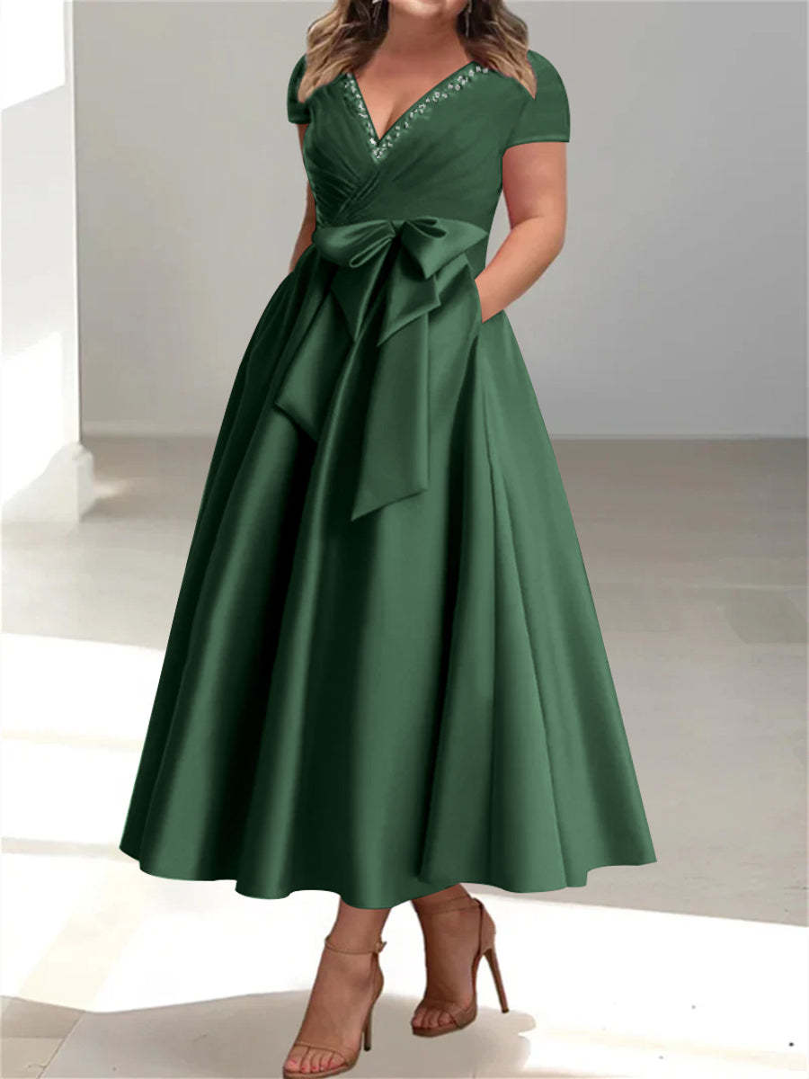 Plus Size Mother of the Bride A-Line Princess V-Neck Dress with Pockets and Ruffles-27prom