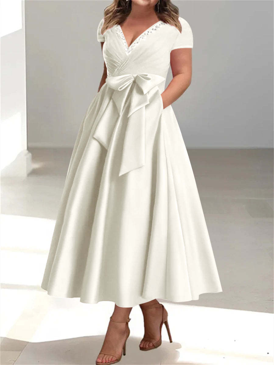 Plus Size Mother of the Bride A-Line Princess V-Neck Dress with Pockets and Ruffles-27prom