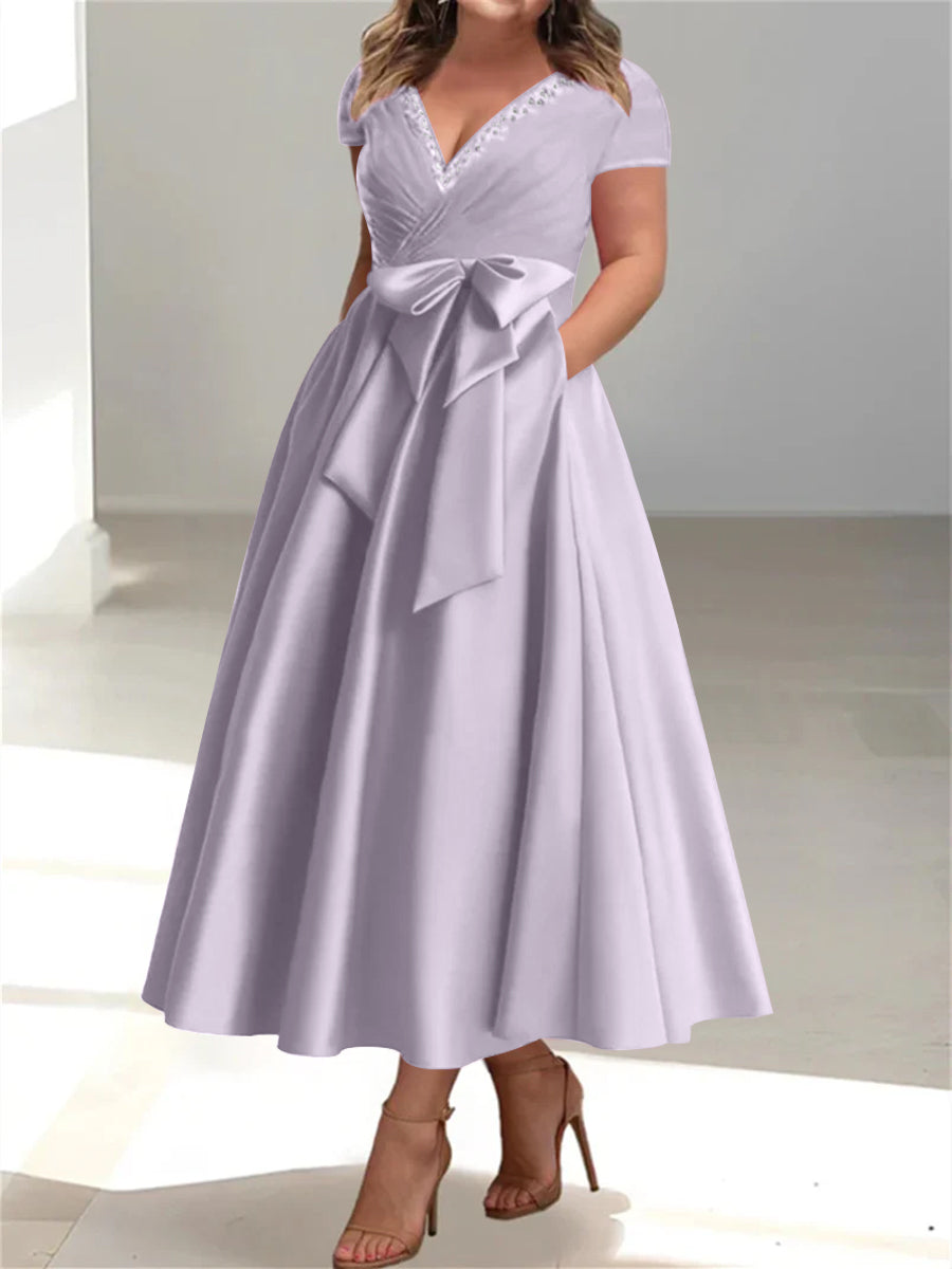 Plus Size Mother of the Bride A-Line Princess V-Neck Dress with Pockets and Ruffles-27prom
