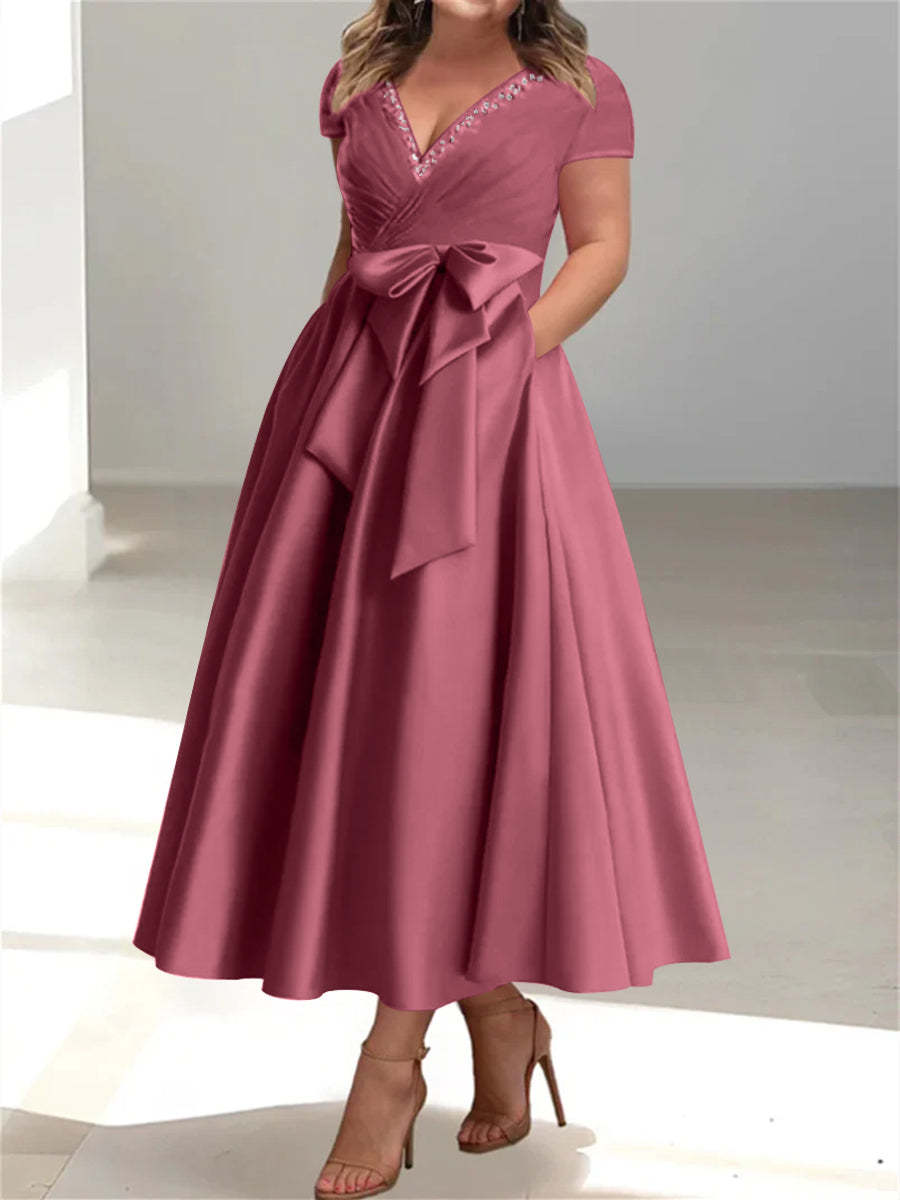 Plus Size Mother of the Bride A-Line Princess V-Neck Dress with Pockets and Ruffles-27prom