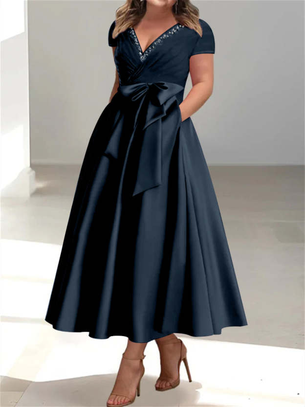 Plus Size Mother of the Bride A-Line Princess V-Neck Dress with Pockets and Ruffles-27prom