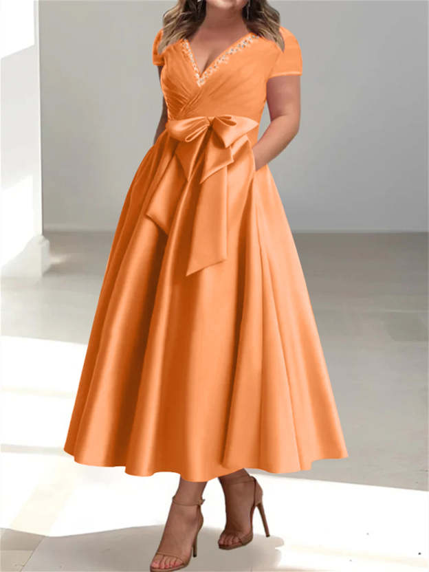 Plus Size Mother of the Bride A-Line Princess V-Neck Dress with Pockets and Ruffles-27prom