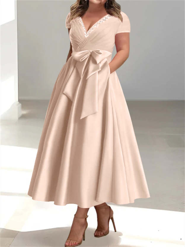 Plus Size Mother of the Bride A-Line Princess V-Neck Dress with Pockets and Ruffles-27prom