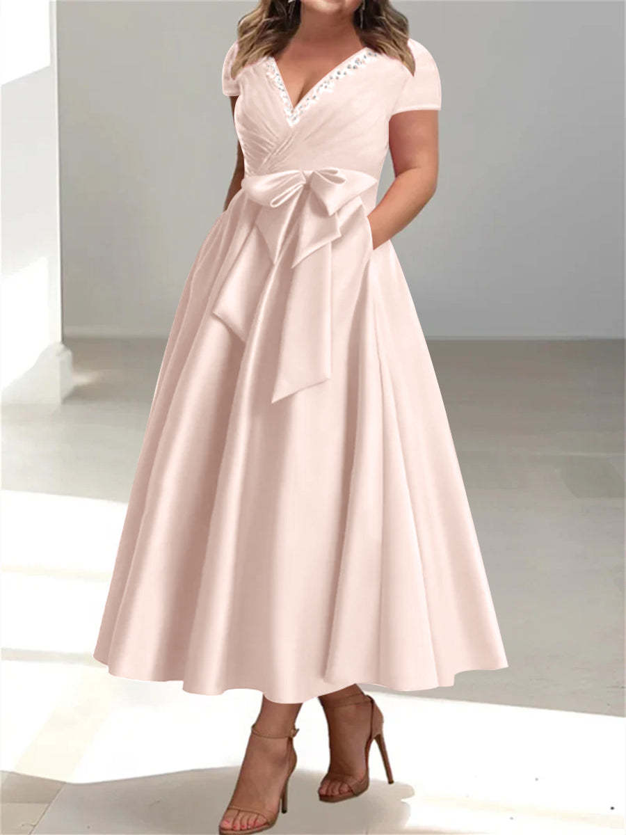 Plus Size Mother of the Bride A-Line Princess V-Neck Dress with Pockets and Ruffles-27prom