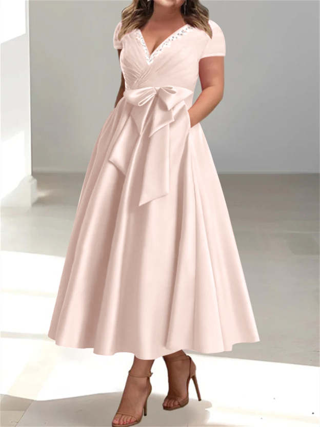 Plus Size Mother of the Bride A-Line Princess V-Neck Dress with Pockets and Ruffles-27prom