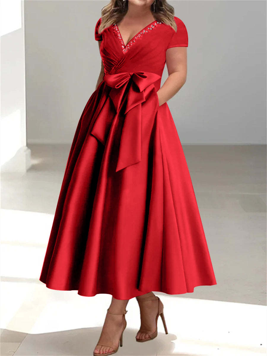 Plus Size Mother of the Bride A-Line Princess V-Neck Dress with Pockets and Ruffles-27prom