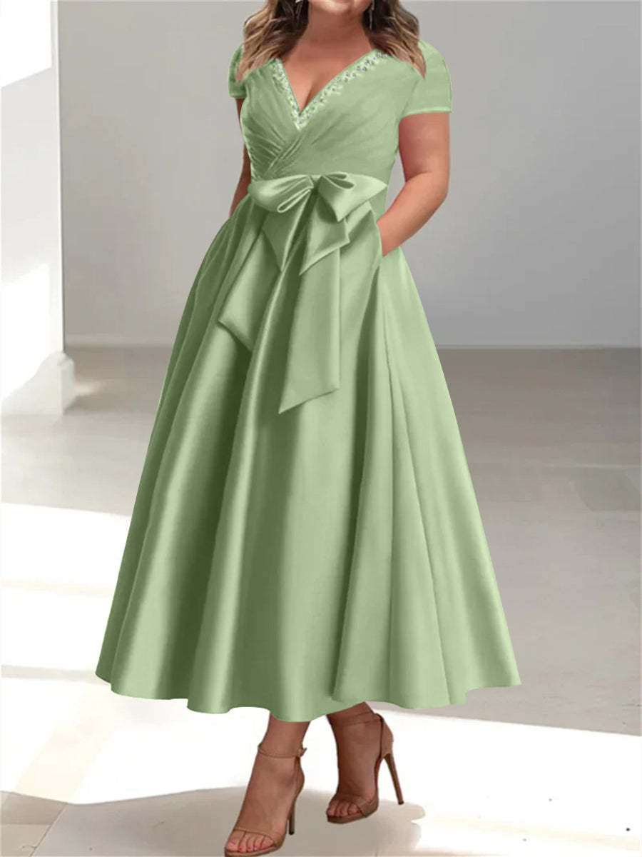 Plus Size Mother of the Bride A-Line Princess V-Neck Dress with Pockets and Ruffles-27prom