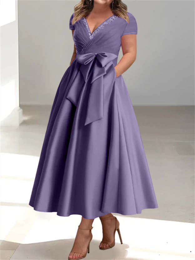 Plus Size Mother of the Bride A-Line Princess V-Neck Dress with Pockets and Ruffles-27prom