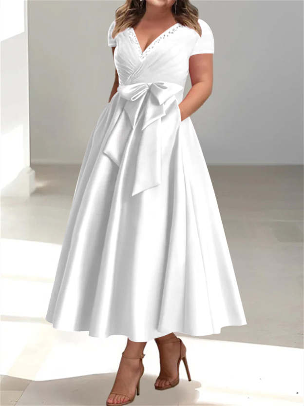 Plus Size Mother of the Bride A-Line Princess V-Neck Dress with Pockets and Ruffles-27prom