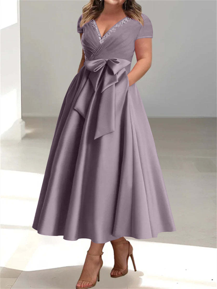 Plus Size Mother of the Bride A-Line Princess V-Neck Dress with Pockets and Ruffles-27prom