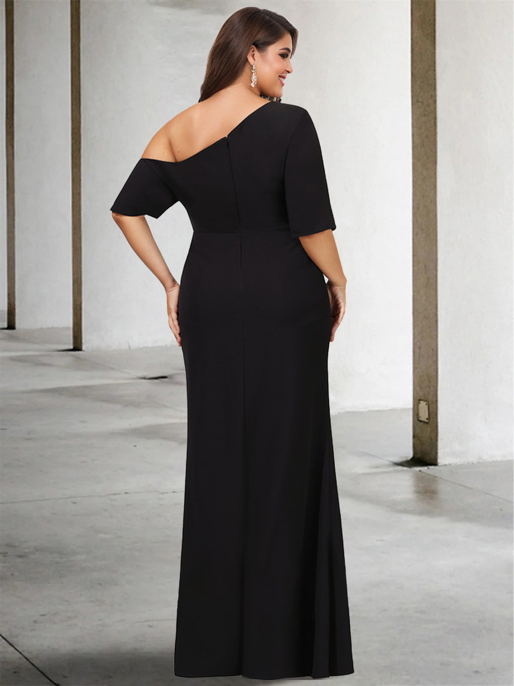 Princess A-Line Floor-Length One-Shoulder 3/4 Sleeve Pure Color Plus Size Mother of the Bride Gown-27prom