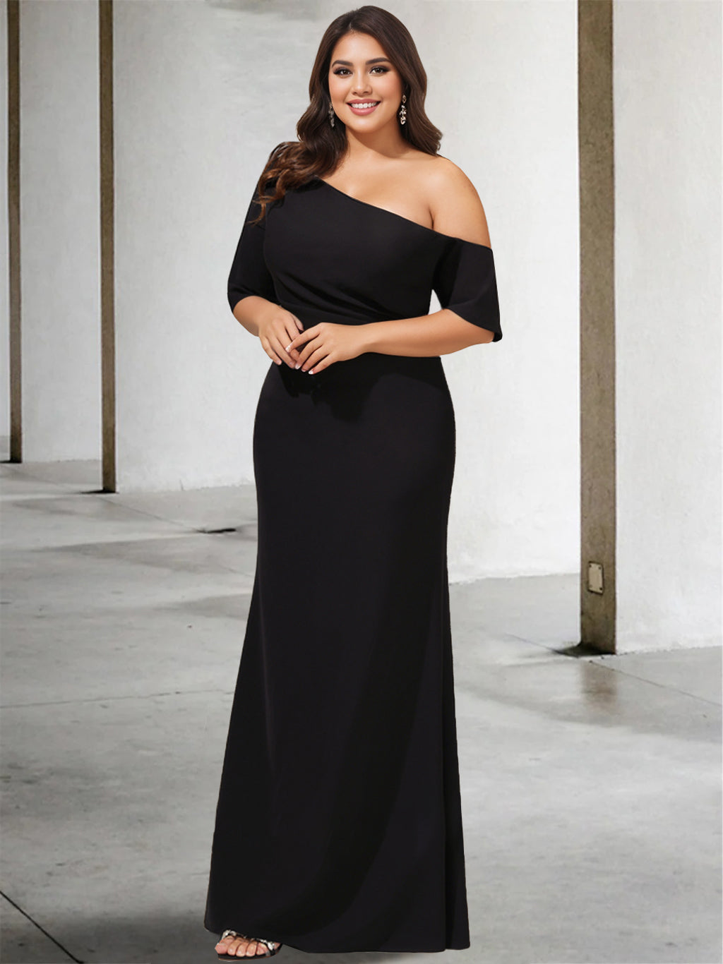 Princess A-Line Floor-Length One-Shoulder 3/4 Sleeve Pure Color Plus Size Mother of the Bride Gown-27prom