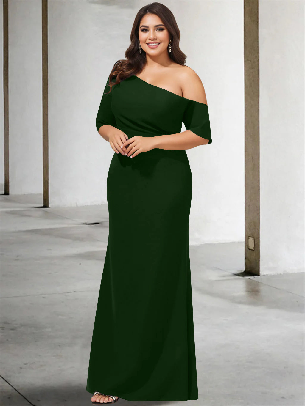 Princess A-Line Floor-Length One-Shoulder 3/4 Sleeve Pure Color Plus Size Mother of the Bride Gown-27prom