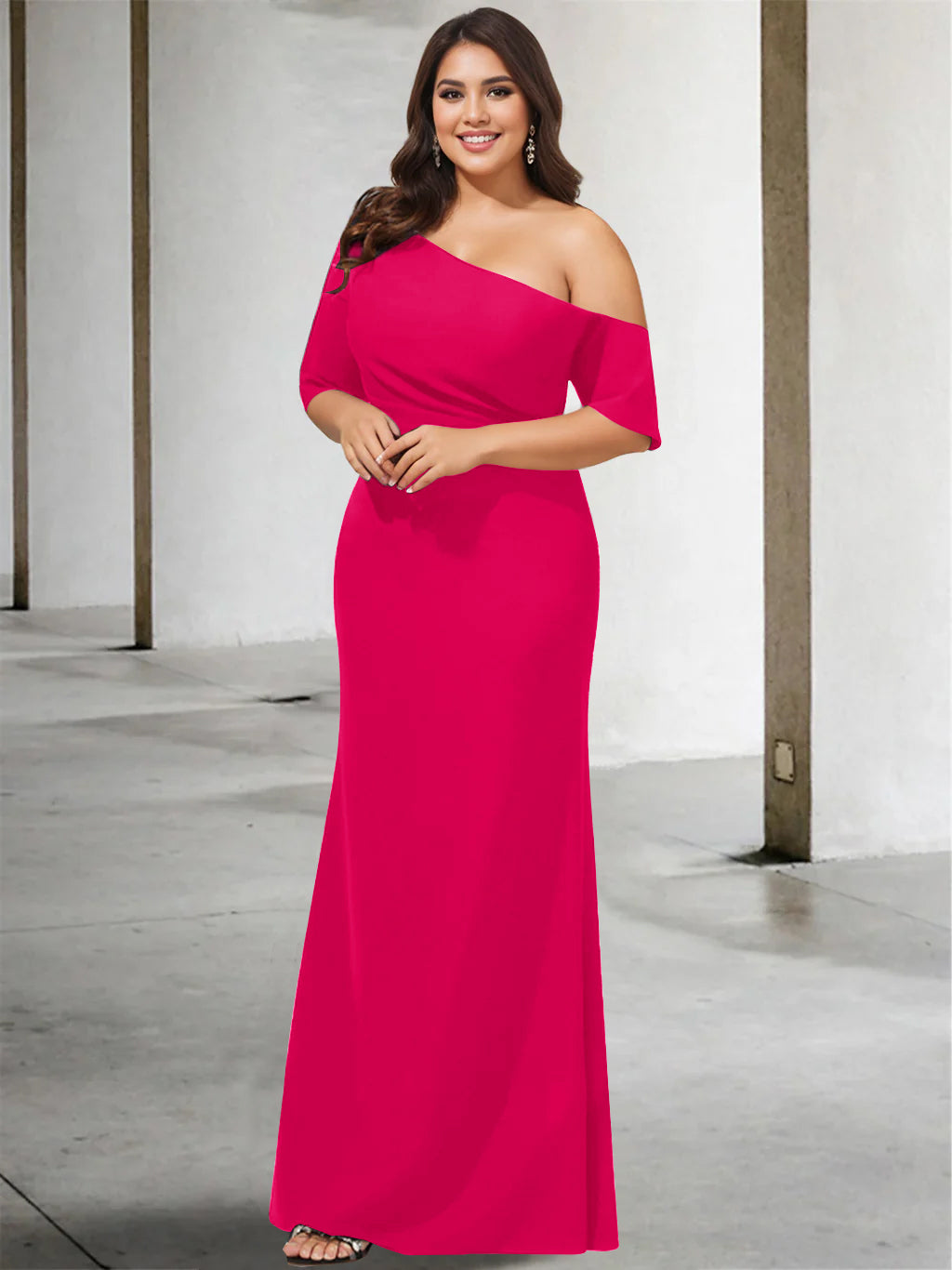 Princess A-Line Floor-Length One-Shoulder 3/4 Sleeve Pure Color Plus Size Mother of the Bride Gown-27prom