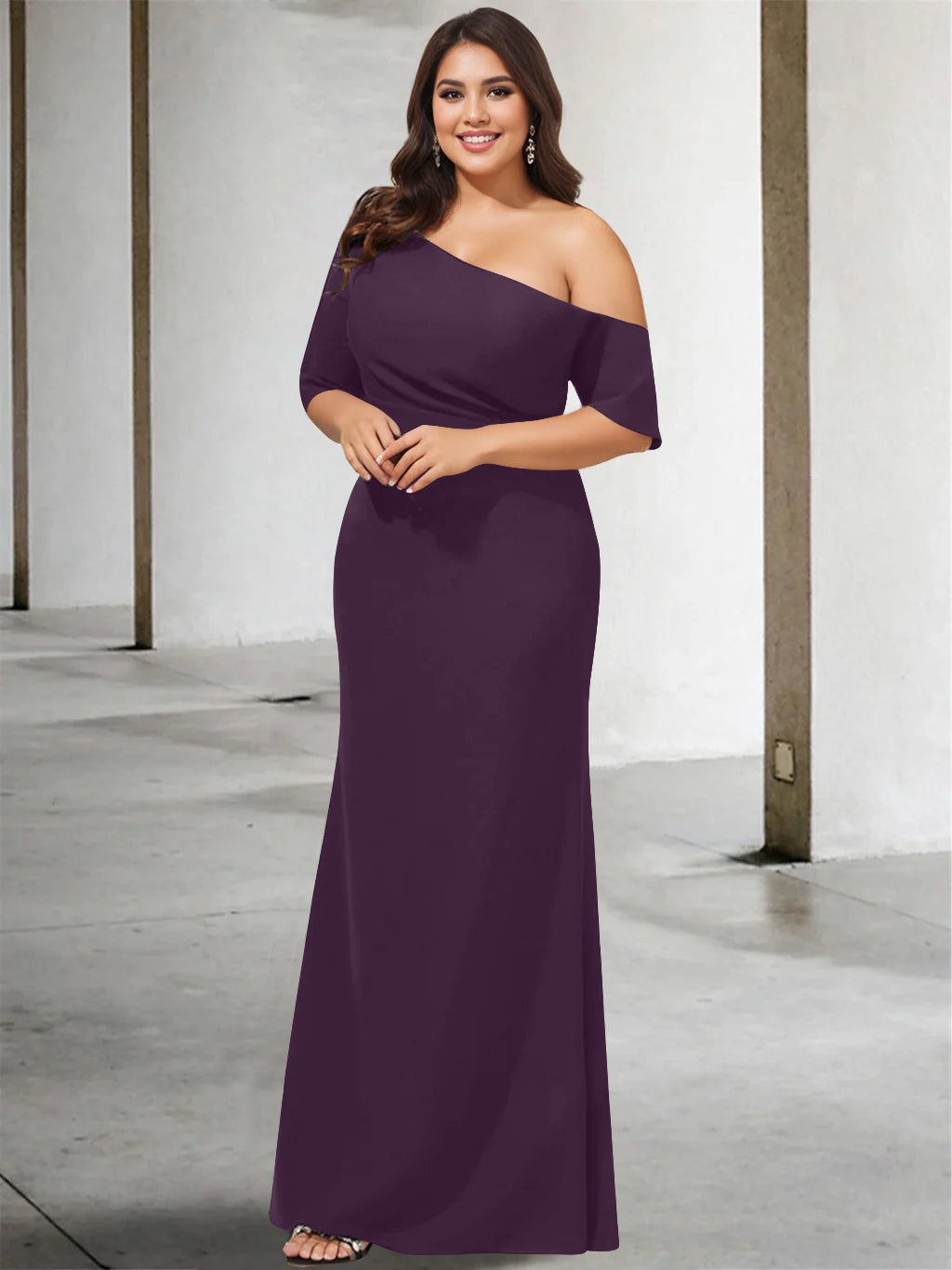 Princess A-Line Floor-Length One-Shoulder 3/4 Sleeve Pure Color Plus Size Mother of the Bride Gown-27prom