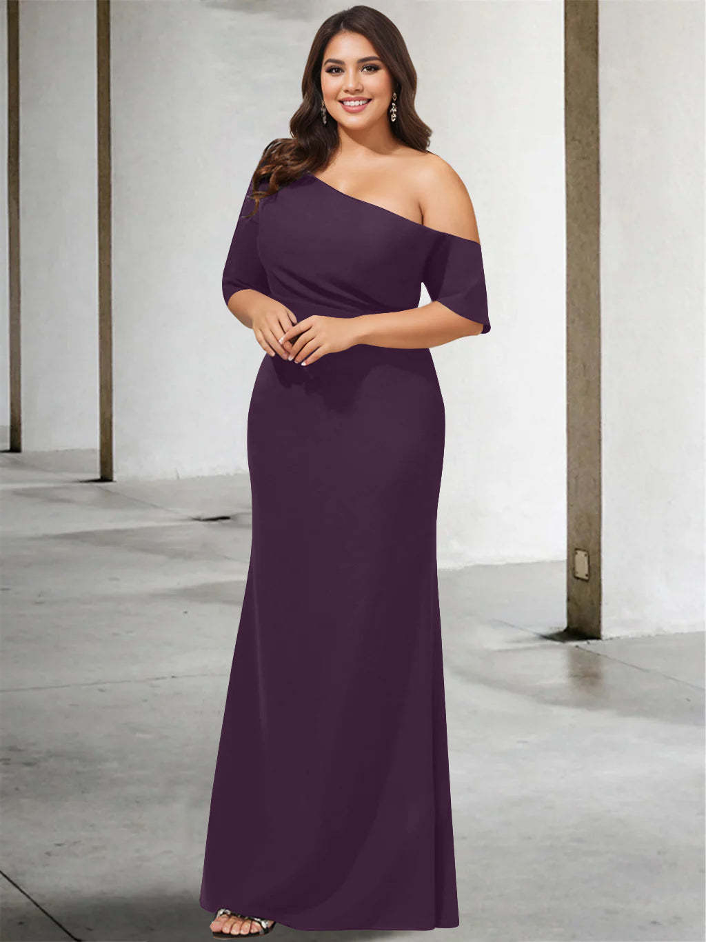 Princess A-Line Floor-Length One-Shoulder 3/4 Sleeve Pure Color Plus Size Mother of the Bride Gown-27prom