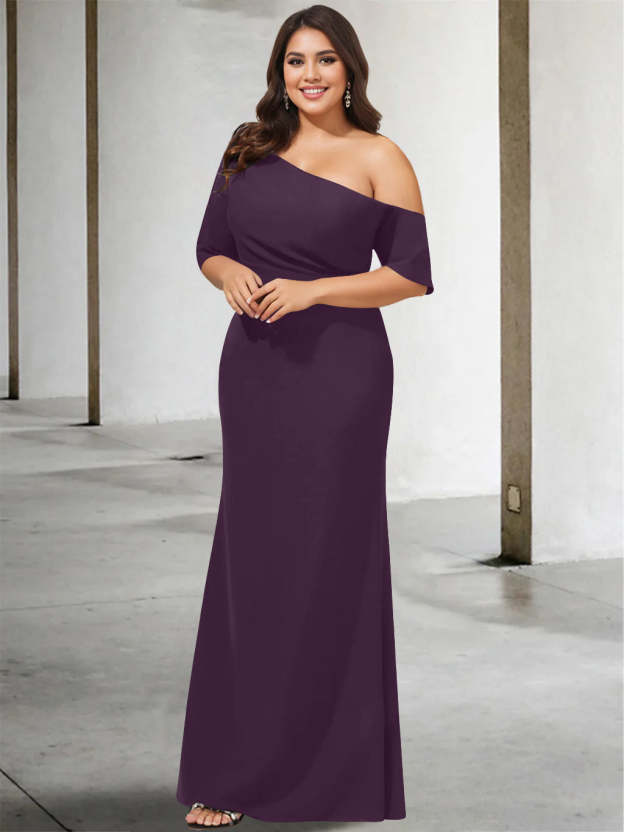 Princess A-Line Floor-Length One-Shoulder 3/4 Sleeve Pure Color Plus Size Mother of the Bride Gown-27prom