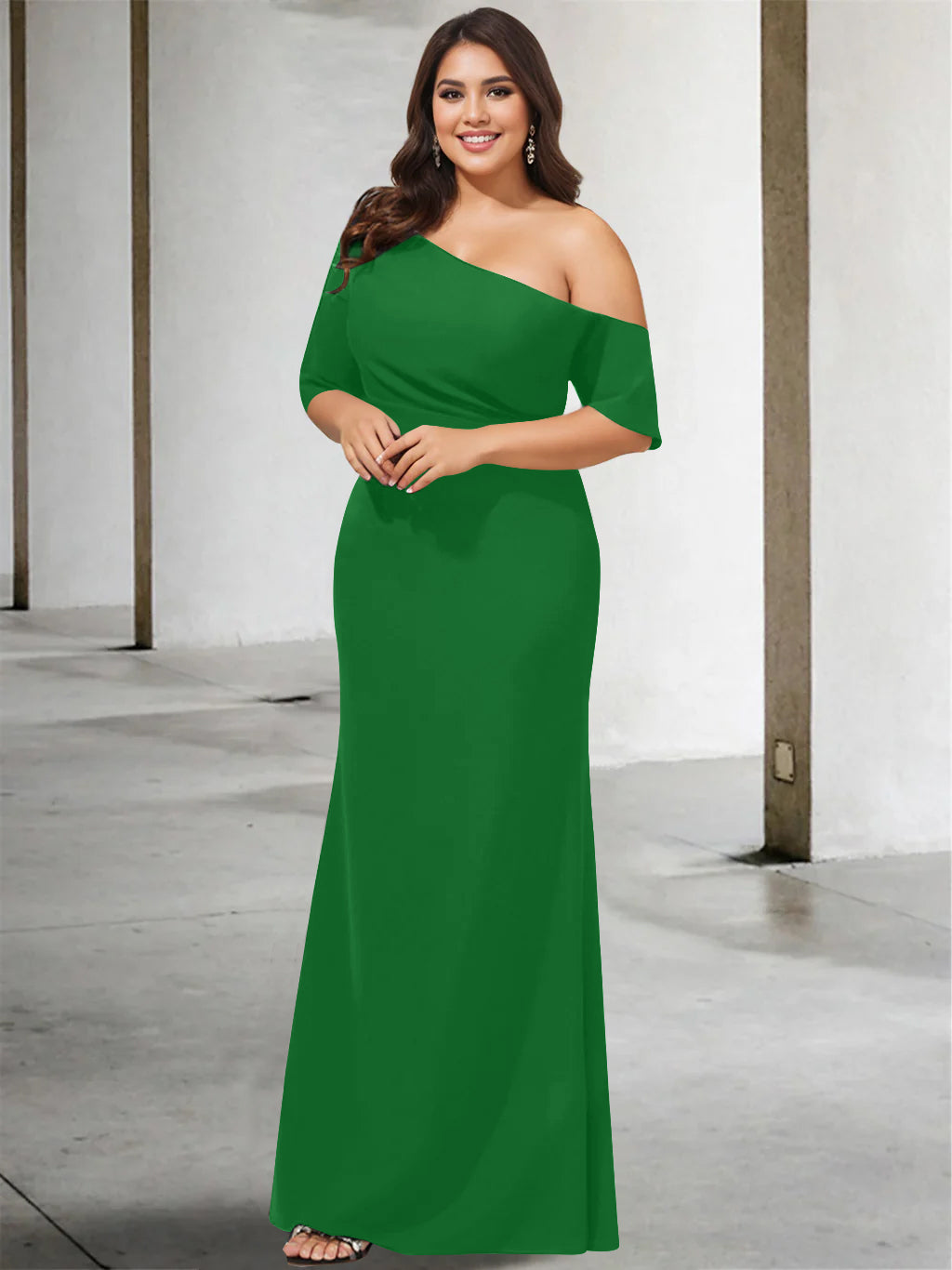 Princess A-Line Floor-Length One-Shoulder 3/4 Sleeve Pure Color Plus Size Mother of the Bride Gown-27prom