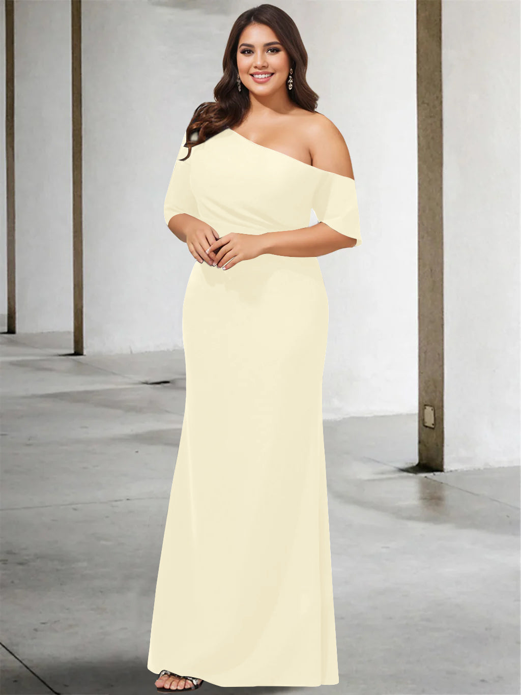 Princess A-Line Floor-Length One-Shoulder 3/4 Sleeve Pure Color Plus Size Mother of the Bride Gown-27prom