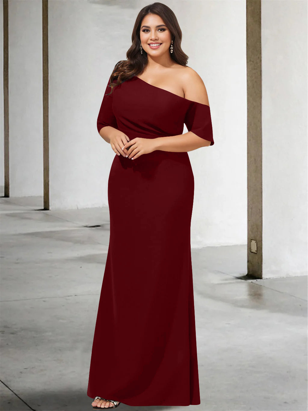 Princess A-Line Floor-Length One-Shoulder 3/4 Sleeve Pure Color Plus Size Mother of the Bride Gown-27prom