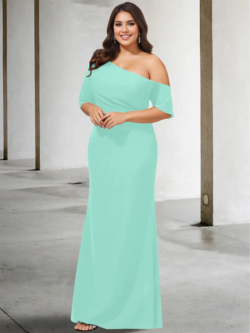 Princess A-Line Floor-Length One-Shoulder 3/4 Sleeve Pure Color Plus Size Mother of the Bride Gown-27prom
