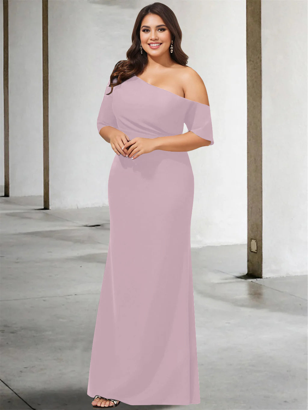 Princess A-Line Floor-Length One-Shoulder 3/4 Sleeve Pure Color Plus Size Mother of the Bride Gown-27prom