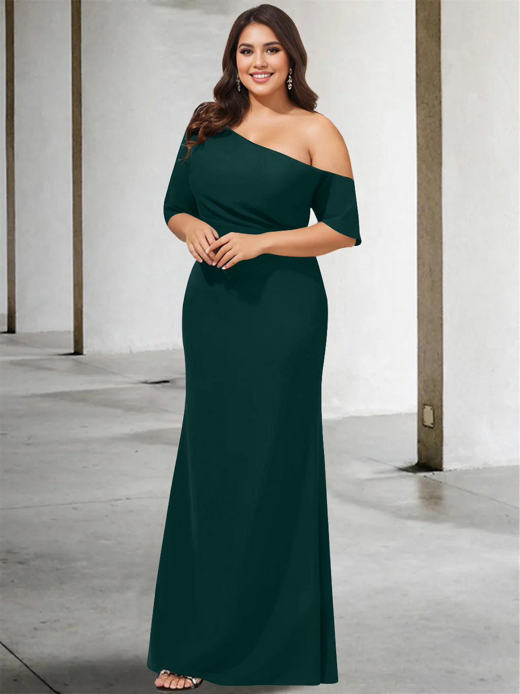Princess A-Line Floor-Length One-Shoulder 3/4 Sleeve Pure Color Plus Size Mother of the Bride Gown-27prom