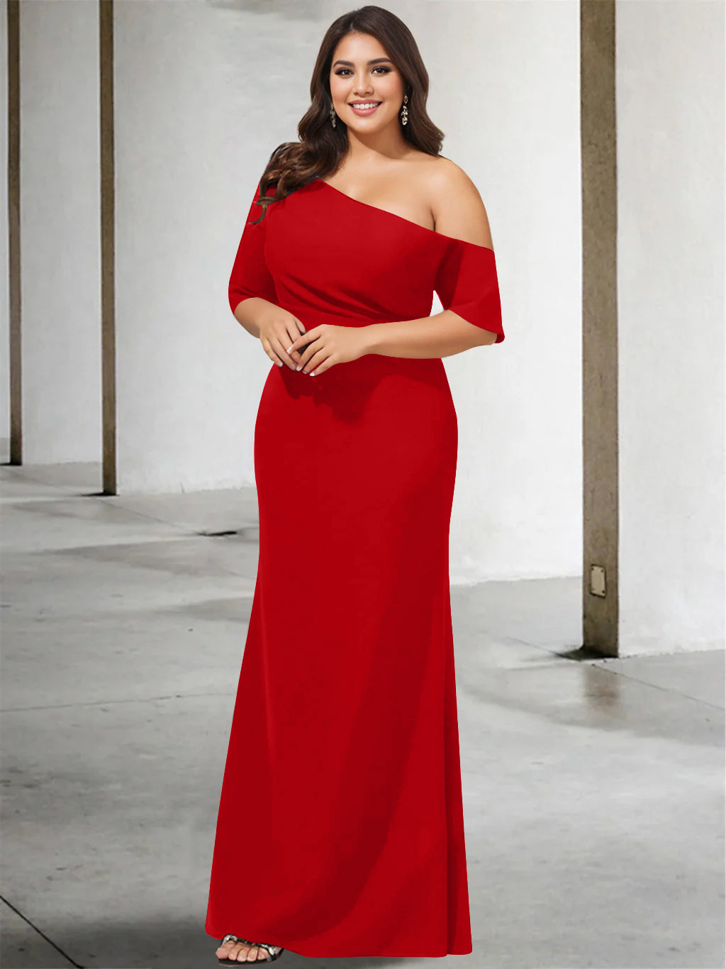 Princess A-Line Floor-Length One-Shoulder 3/4 Sleeve Pure Color Plus Size Mother of the Bride Gown-27prom