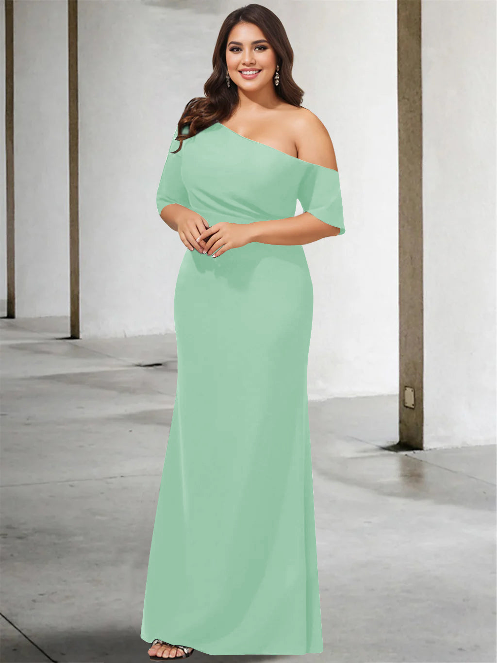 Princess A-Line Floor-Length One-Shoulder 3/4 Sleeve Pure Color Plus Size Mother of the Bride Gown-27prom