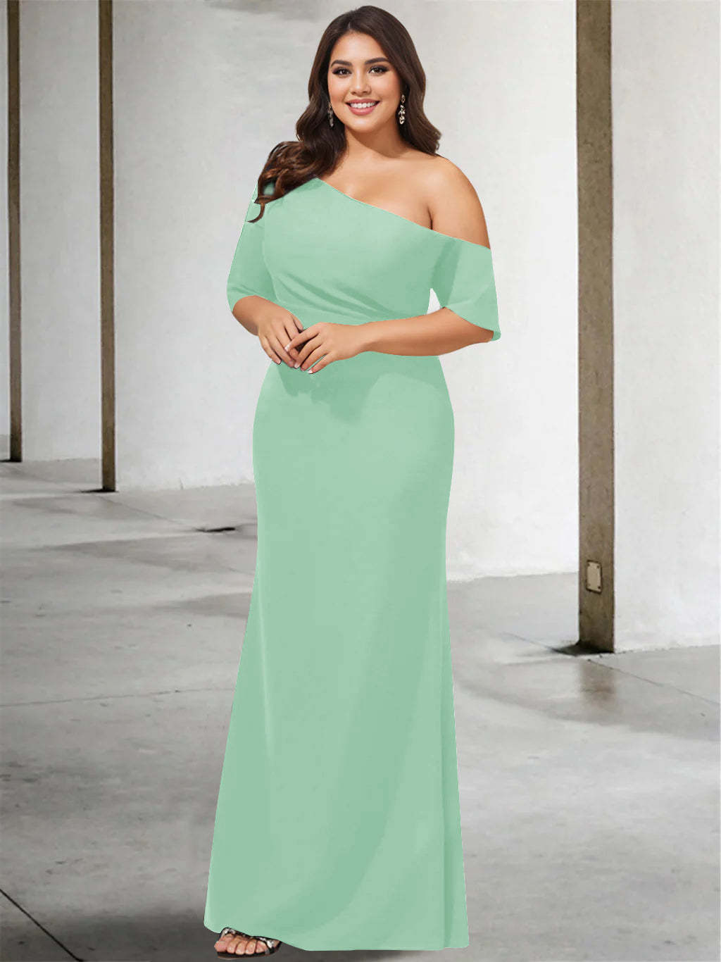 Princess A-Line Floor-Length One-Shoulder 3/4 Sleeve Pure Color Plus Size Mother of the Bride Gown-27prom