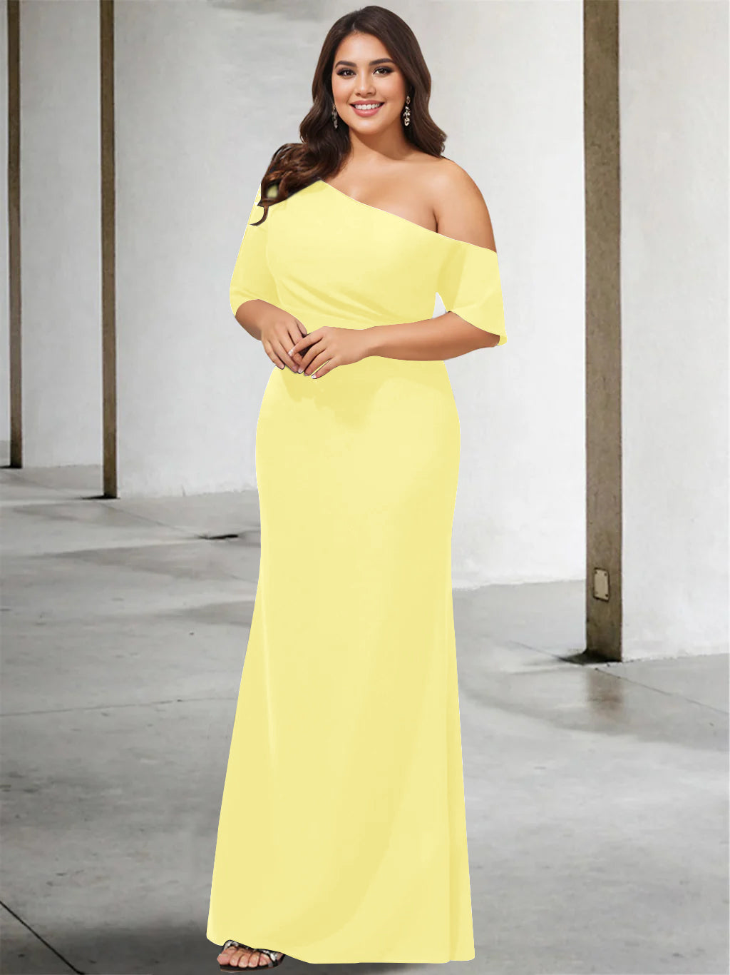 Princess A-Line Floor-Length One-Shoulder 3/4 Sleeve Pure Color Plus Size Mother of the Bride Gown-27prom