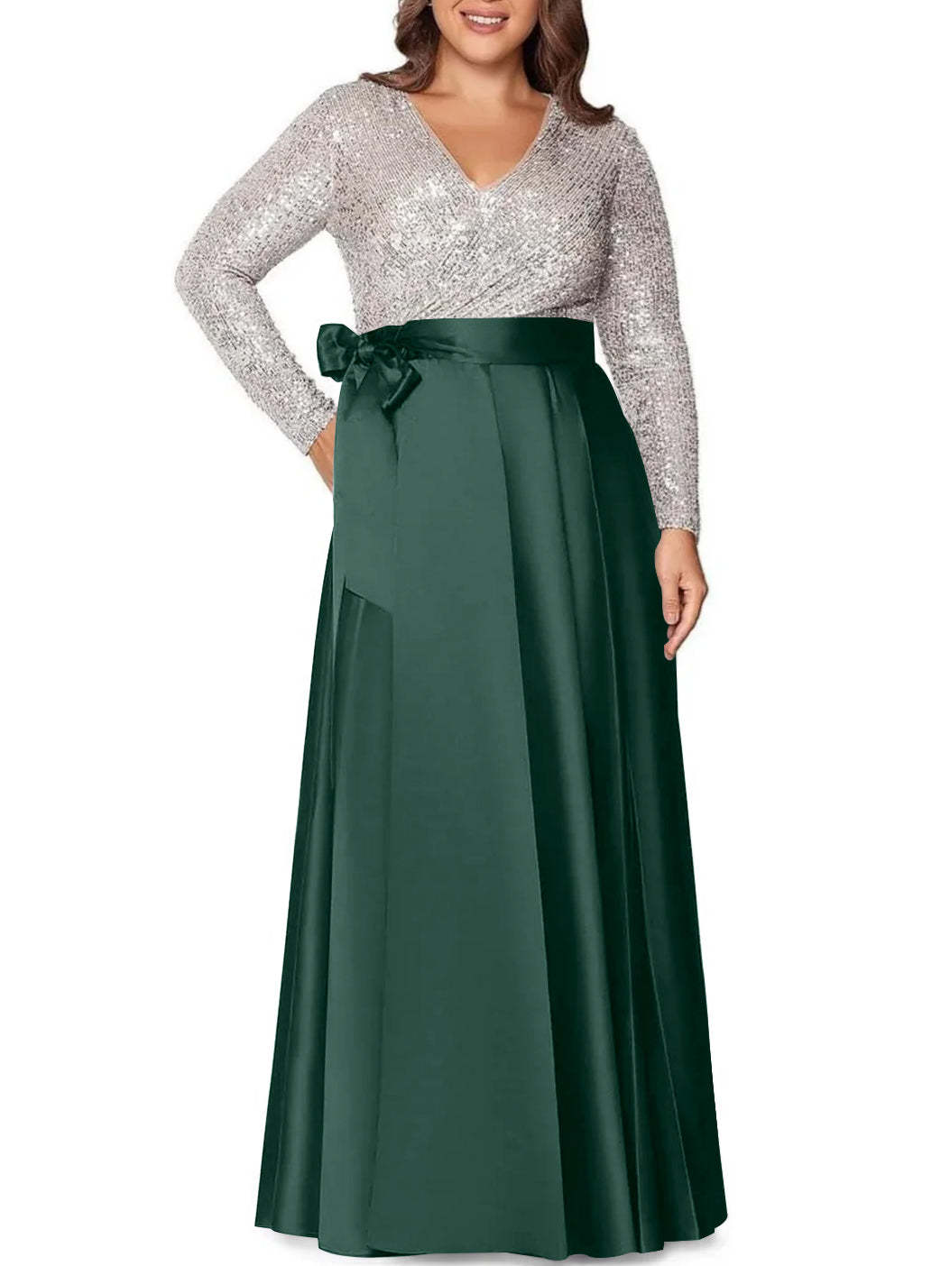V-Neck A-Line Princess Floor-Length Plus Size Mother of the Bride Dress With Long Sleeves and Pocket Sequins
