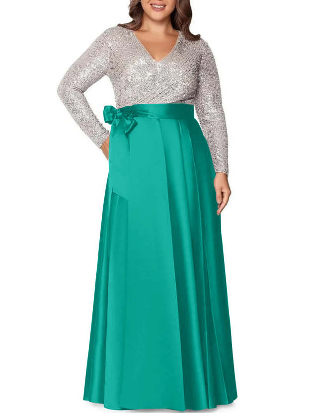 V-Neck A-Line Princess Floor-Length Plus Size Mother of the Bride Dress With Long Sleeves and Pocket Sequins