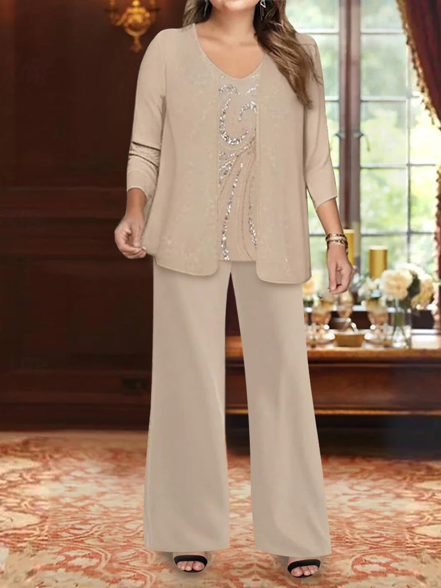 Plus Size 3-Piece Mother of the Bride Chiffon Pantsuit with V-Neck Floor-Length Jacket & Sequins-27prom
