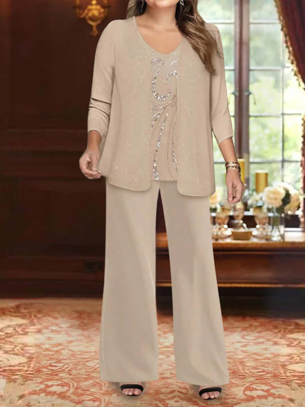 Plus Size 3-Piece Mother of the Bride Chiffon Pantsuit with V-Neck Floor-Length Jacket & Sequins-27prom